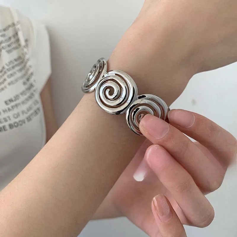 Punk Silver Geometric Spiral Bracelet Vintage Metal Open Adjustable Cuff Bangle