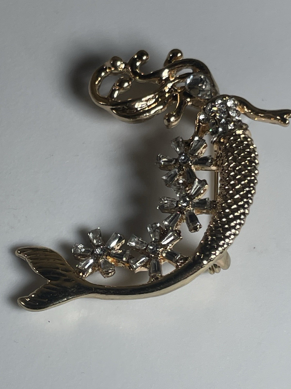 Gold Tone Mermaid Brooch Pin Clear Rhinestone Crystal Ocean Nautical Jewelry