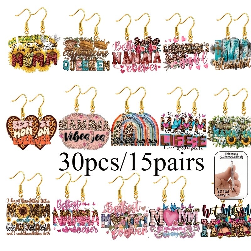 15 Pairs of Acrylic Mother’s Day Happy Earrings, Mother’s Day Commemorative Gift