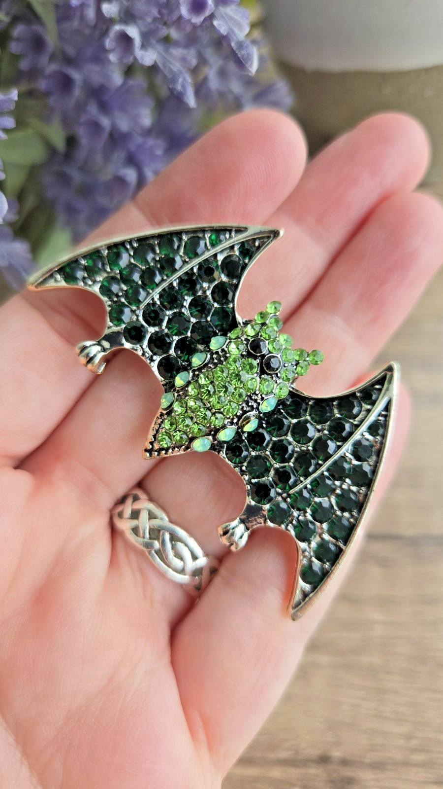 Bat Brooch Green Crystal Rhinestone Silver Tone Halloween Bat Pin