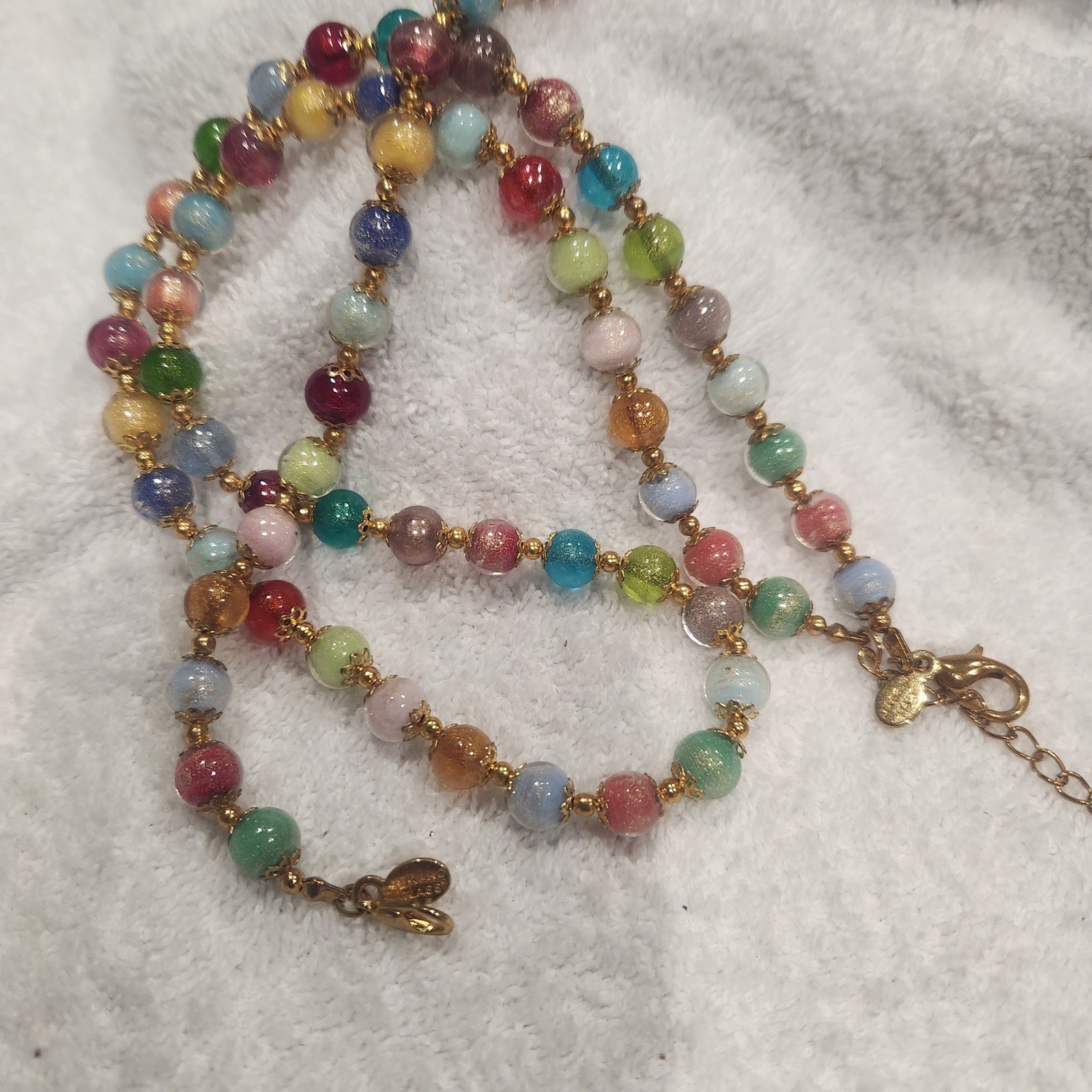 Murano Glass Necklace and bracelet Multi Color Beaded Gold Tone set