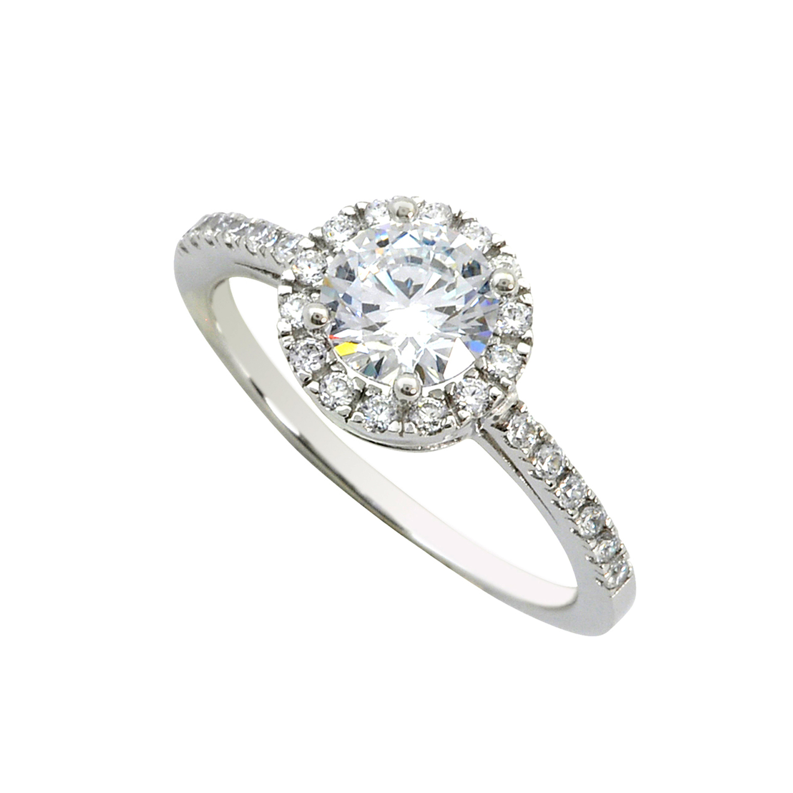 Sterling Silver Cubic Zirconia Ring 6mm Round Center Stone with Accent Stones