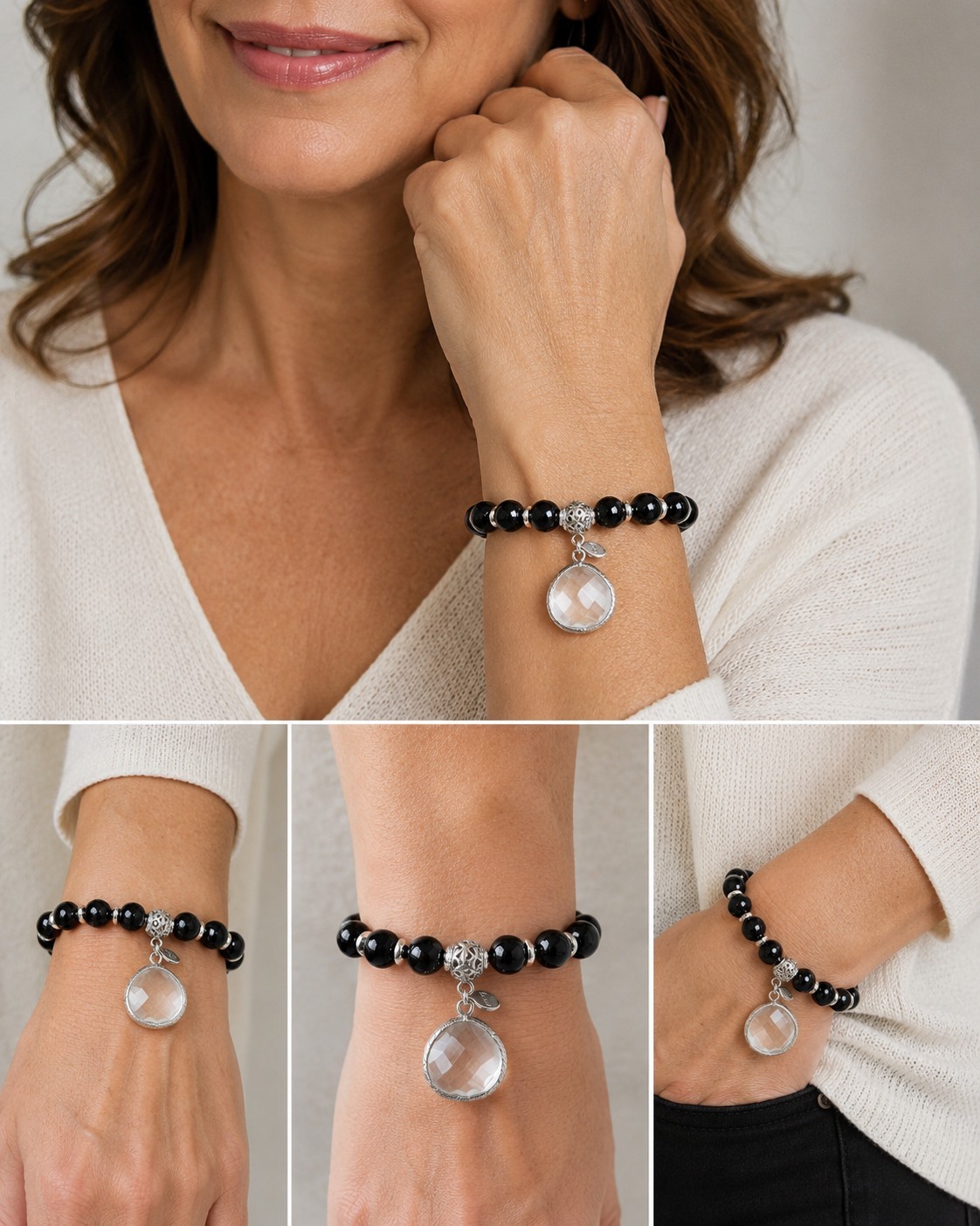 Chico’s Black Beaded Cut Glass Pendant Stretch Bracelet