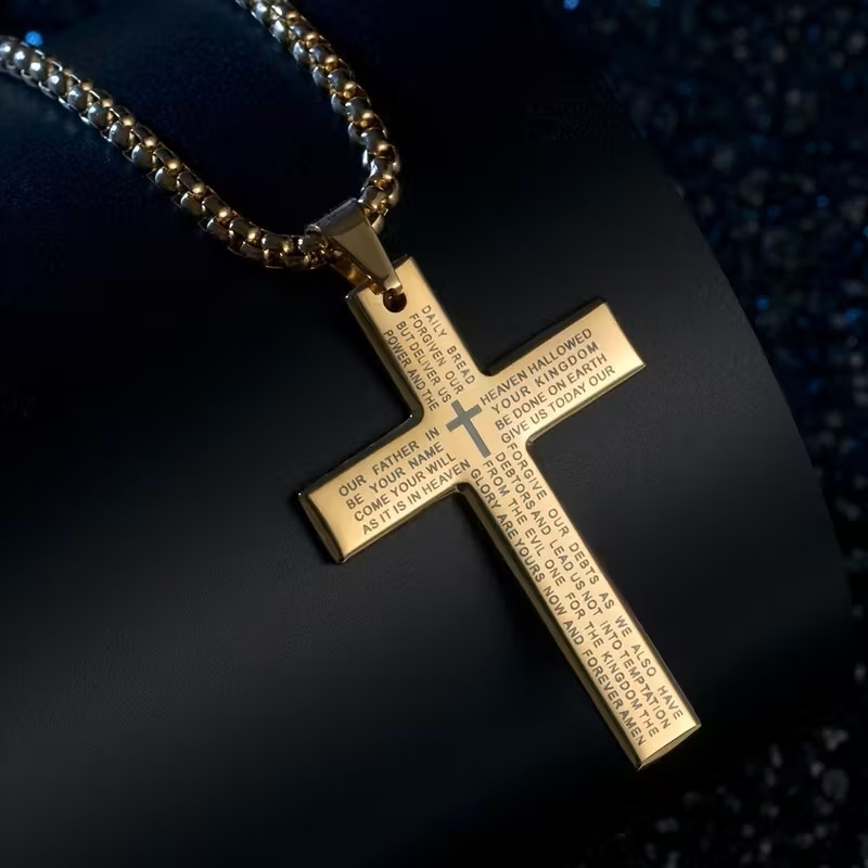 Gold Cross Necklace Lord’s Prayer Engraved Christian Pendant Faith Jewelry Gift