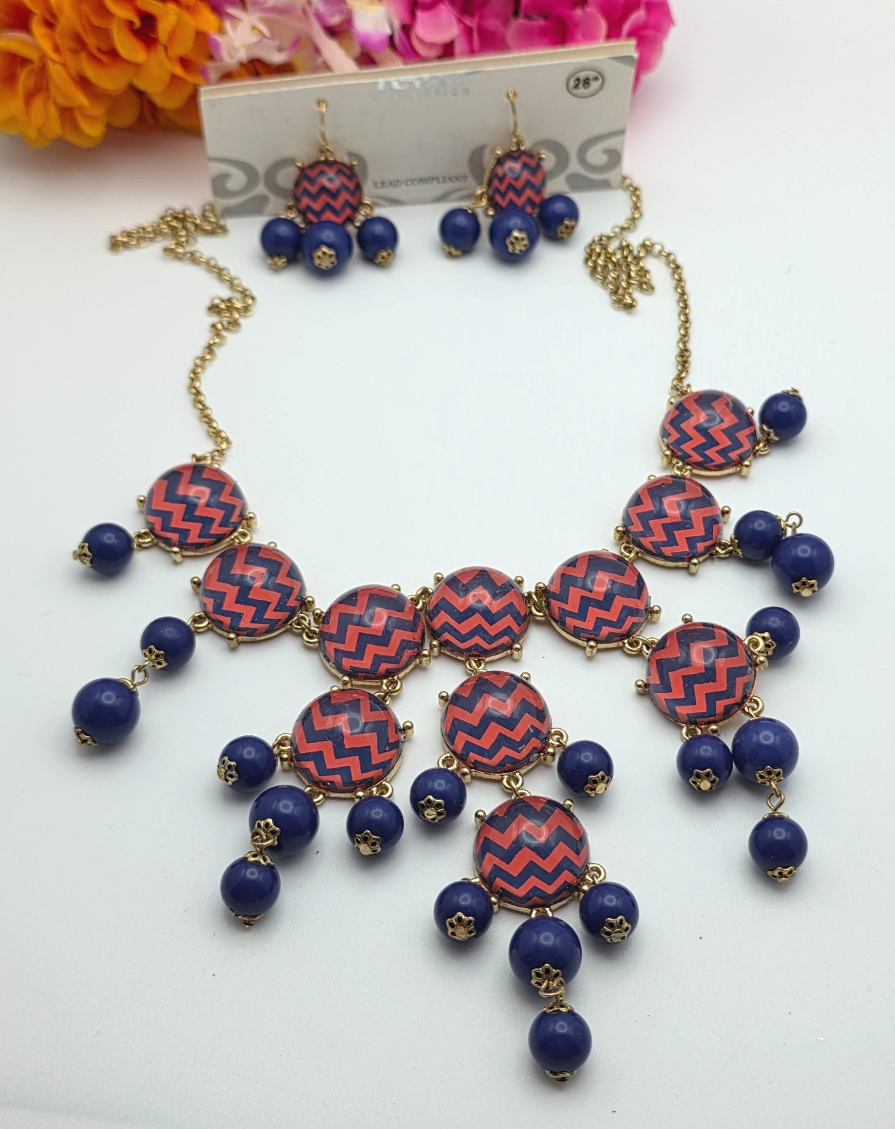 Gold Tone Rolo Chain Necklace Blue Red Chevron Bead Waterfall Bib 26” w/ Earring