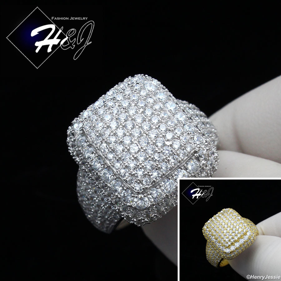 MEN 925 STERLING SILVER ICY BLING CZ GOLD PLATED/SILVER 3D RECTANGE RING*SR110