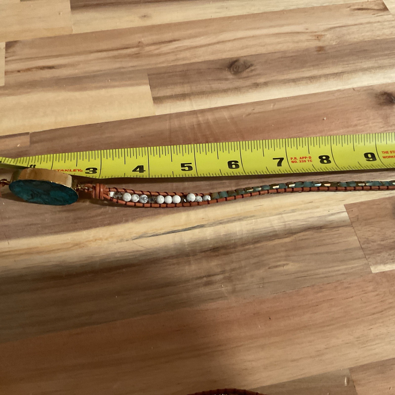 Blue Turquoise Color Stone Gold Edges Leather Beaded Necklace 17 Inches Long