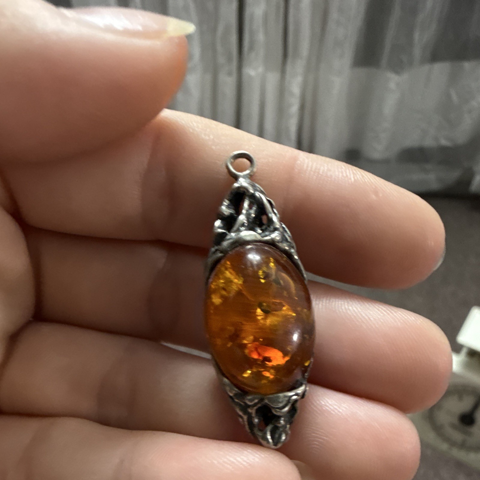 925 Silver Oval Bezel Set Charm Pendant Orange Amber Cabochon w/ Bail Loop