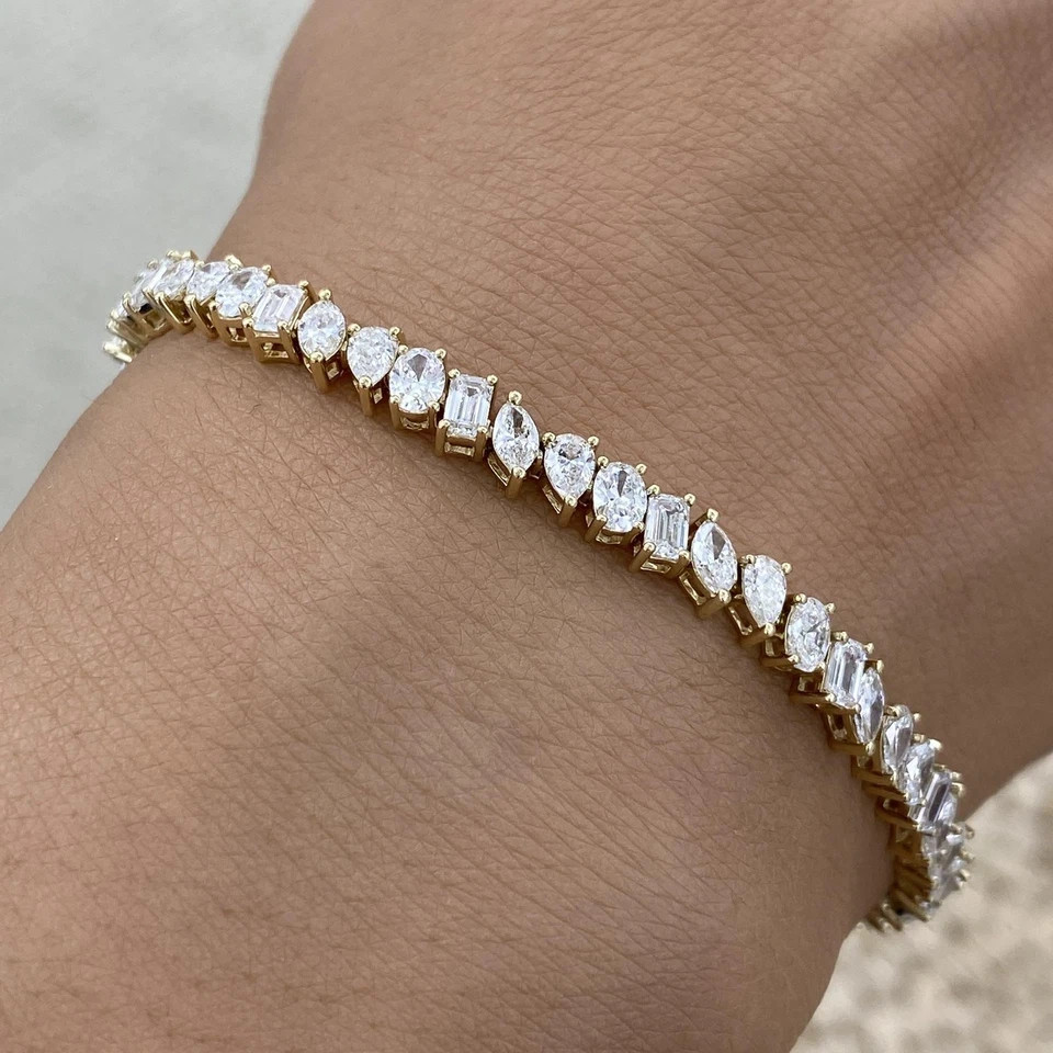 5ct Pear & Emerald Cut Simulated Diamond Tennis Bracelet 14k Yellow Gold Plated