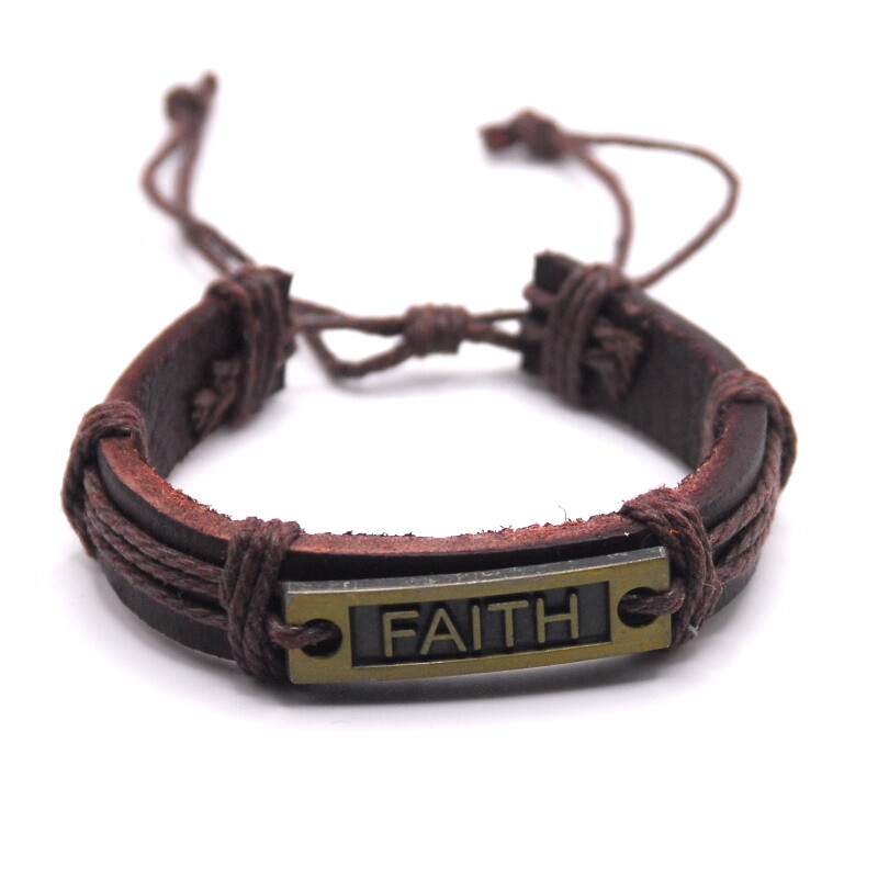 Faith Engraved Gold Silver Leather Brown Black Bracelet Adjustable