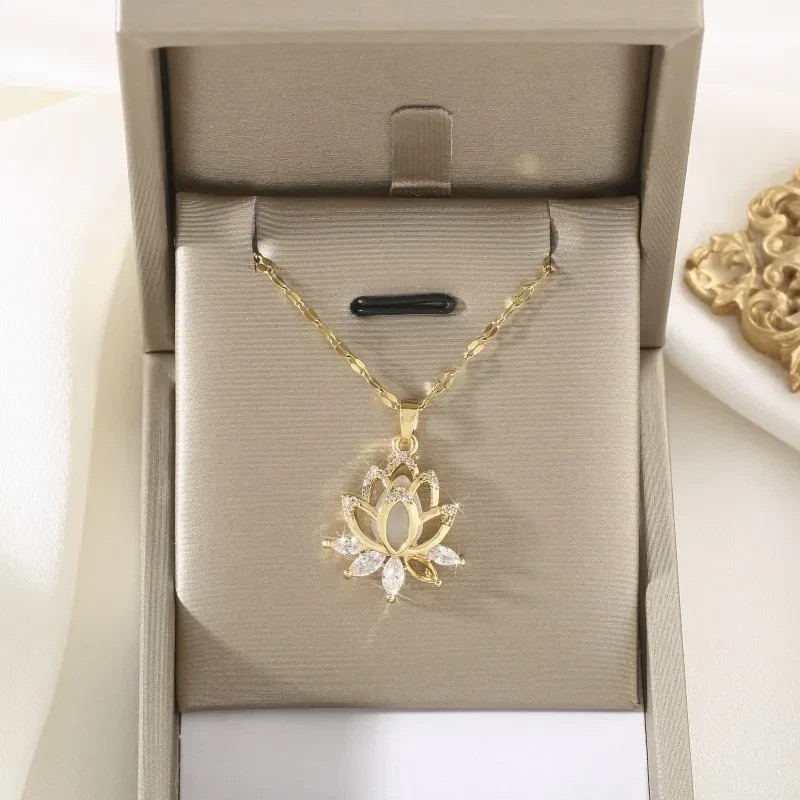 Women’s Fashion Jewelry Cubic Zircon Gold Lotus Flower Pendant Necklace Gift USA