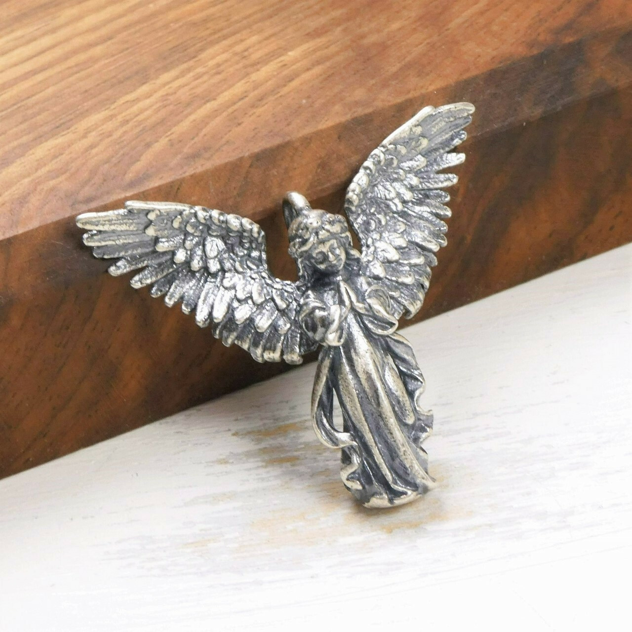 Antiqued 925 Sterling Silver Praying Angel Pendant with Open Wings Unique