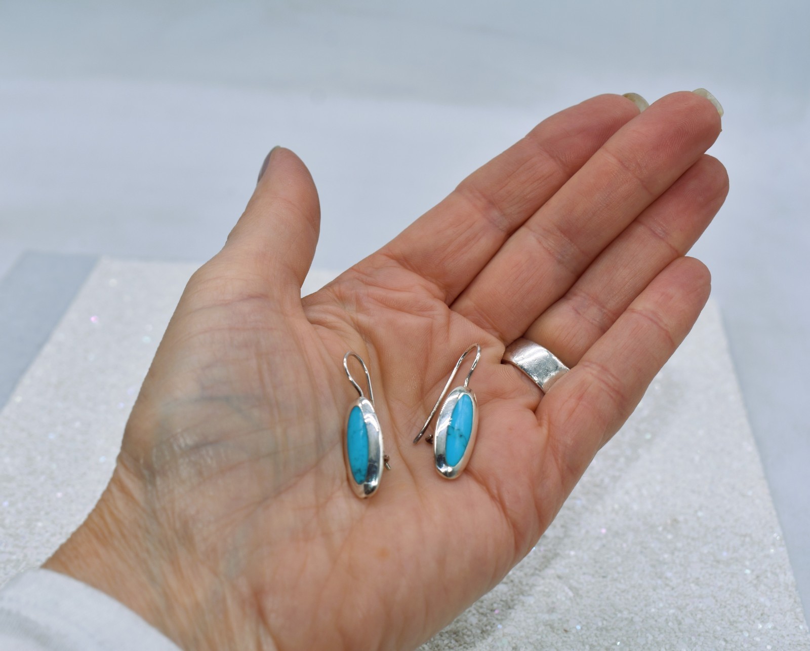 Simulated Turquoise Sterling Silver Dangle/Drop Earrings 1-1/4 inch