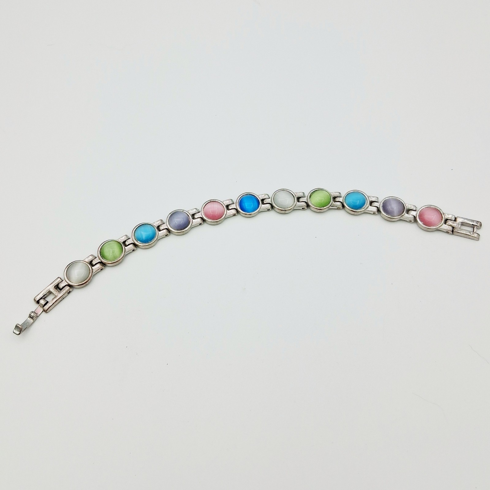 Silver Tone Multicolor Faux Cat’s Eye Bracelet 7″ Fold Over Clasp