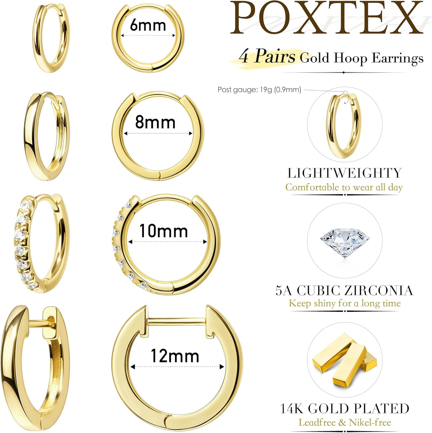 Small Gold Huggie Hoop Earrings Set for Women Men Hypoallergenic 14K Plated Stac