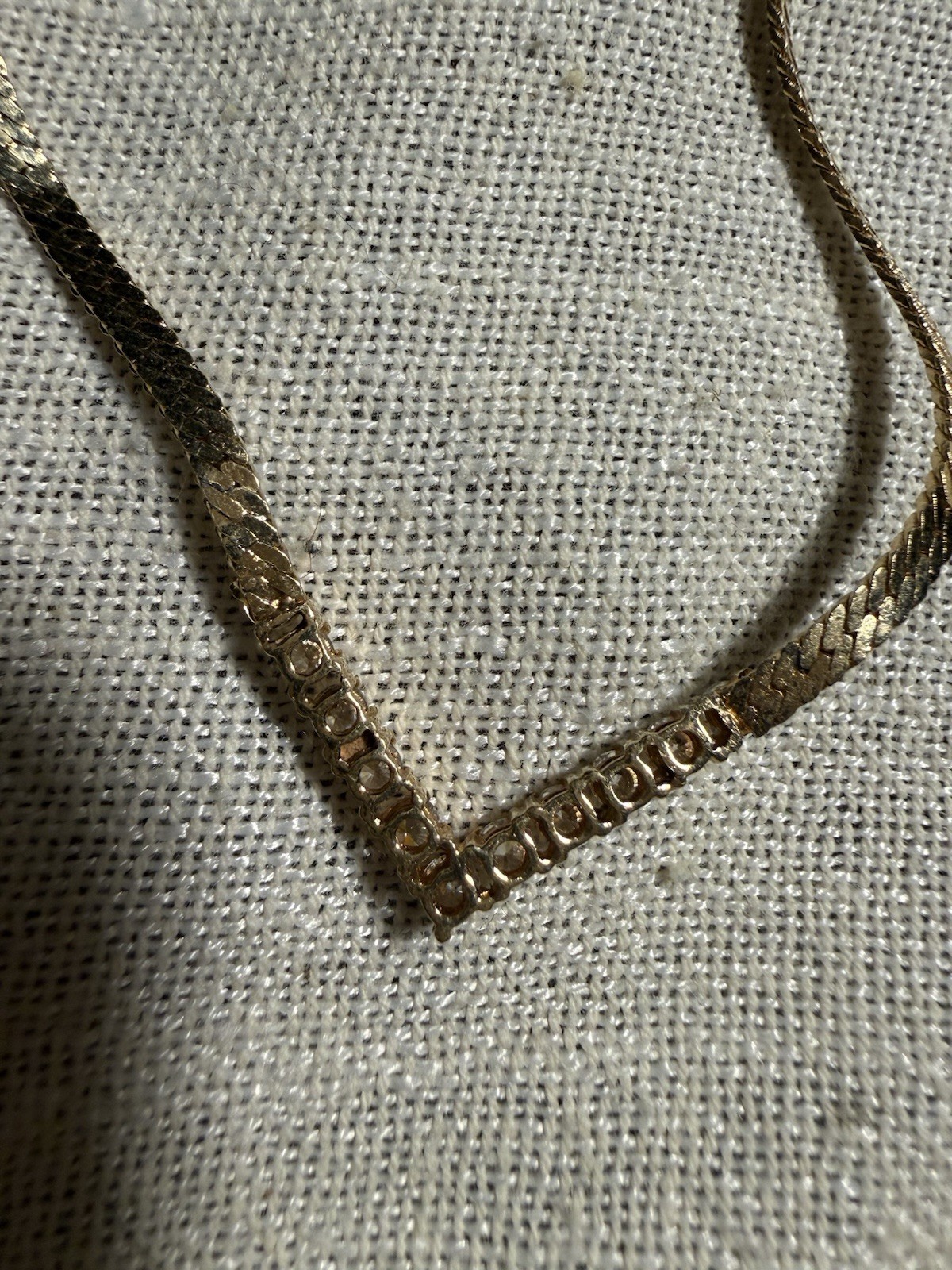 Gold Tone Herringbone Chain Necklace V Pendant Cubic Zirconia Spring Ring 16 in