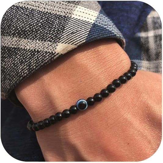 Pulsera Ojo Turco Protección Energía Cuentas Negras 6mm Para Adulto Regalo