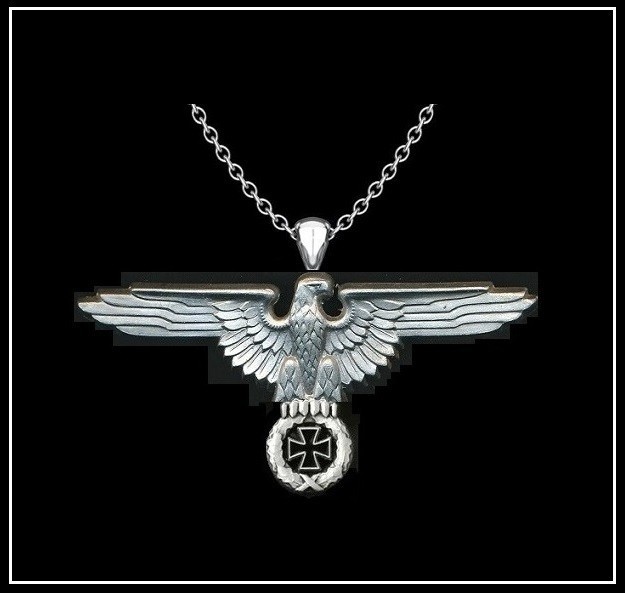GERMAN EAGLE w/ IRON CROSS Necklace – 2 3/4″ Wide Silver Steel – 24″ Chain