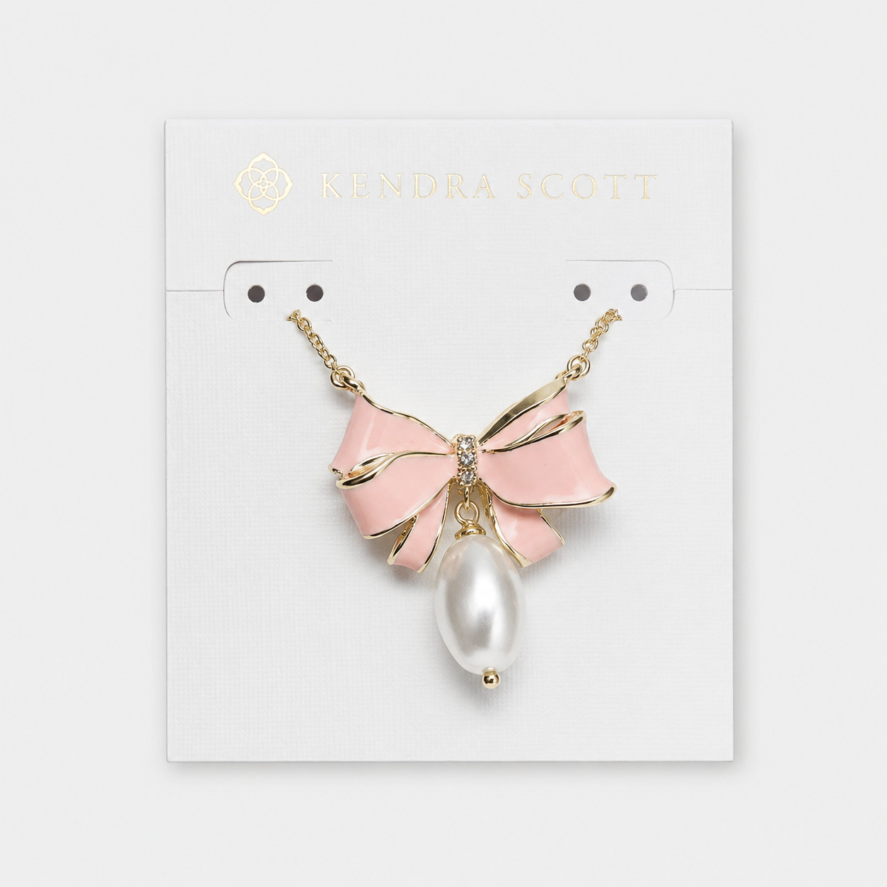 Kendra Scott x LoveShackFancy Pink Bow Freshwater Pearl Charm Gold Necklace NEW