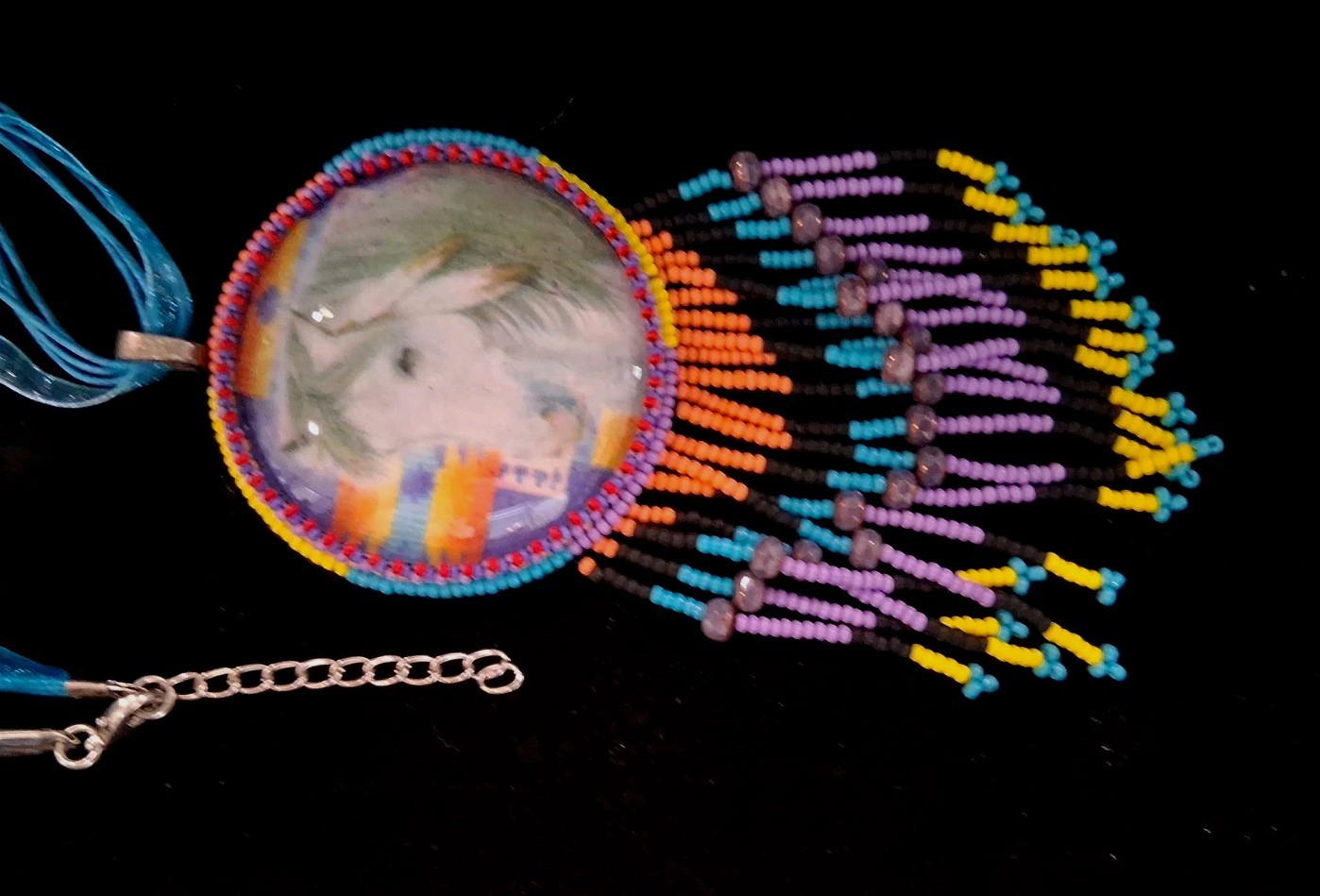 Beaded Medallion 16″Necklace With Horse Design: Multicolored Beadwork&2.5″Fringe