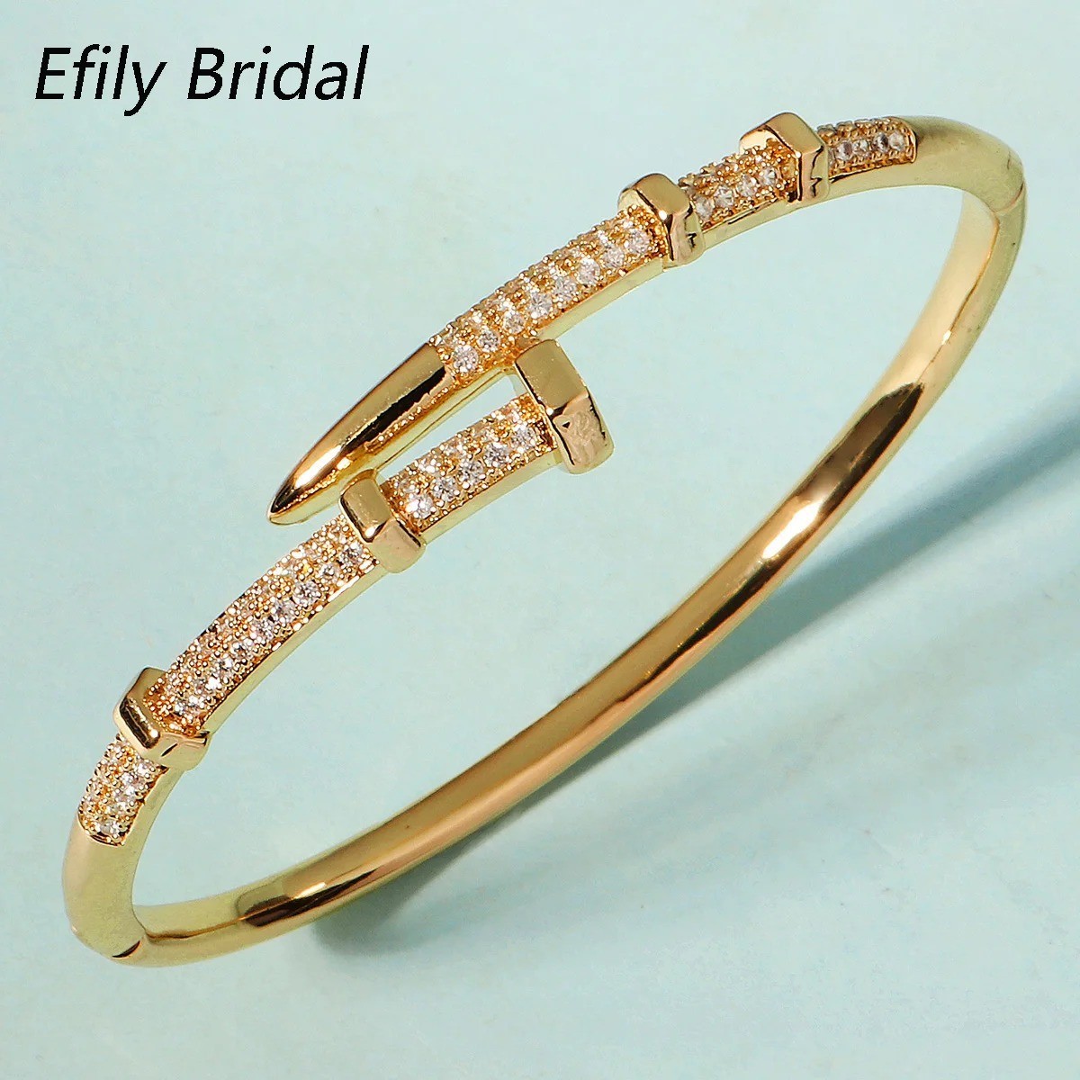 14k Yellow Gold plated Open Nail Bolt Trendy Bracelet AAA quality cubic zirconia