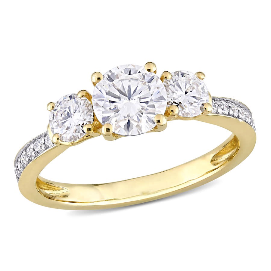 AMOUR 1 3/8 CT DEW Created Moissanite 3-sTone Engagement Ring In 10K Yellow Gold