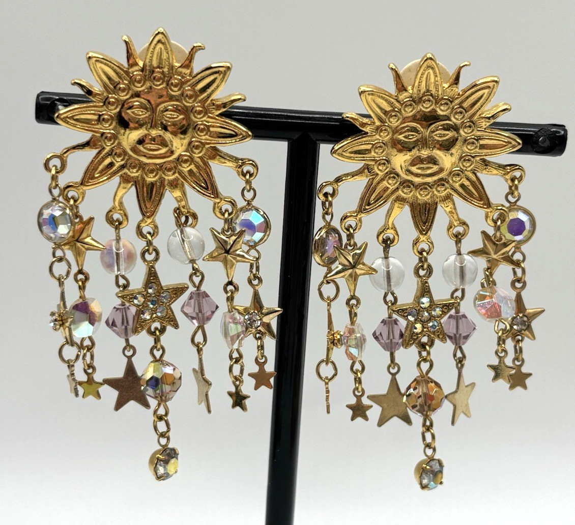 Kirks Folly Clip-On Celestial Sun Stars Vintage Dangle Gold Tone Earrings 3″