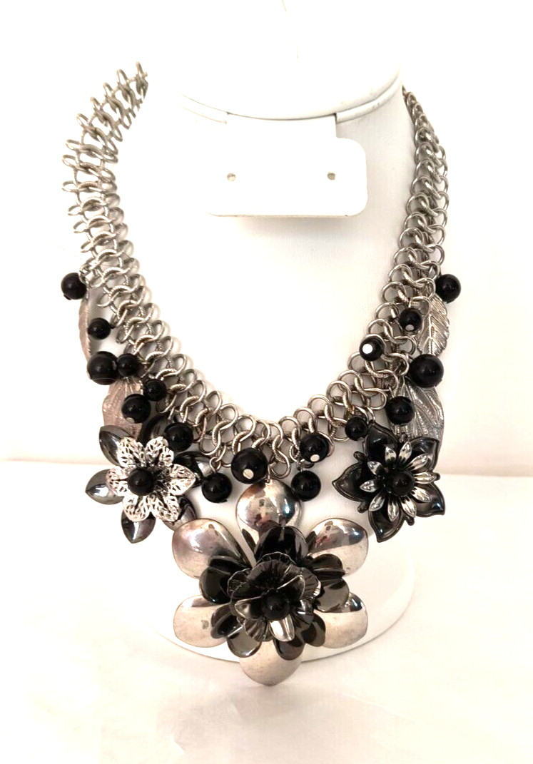 Silver Tone & Black Women’s Statement Necklace Flower Shapes Adjustable Length