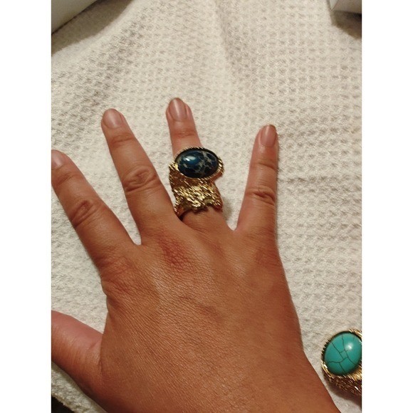 Ring Blue Cabochon Gold Tone Textured Statement Arty Style Celebrity Favorite