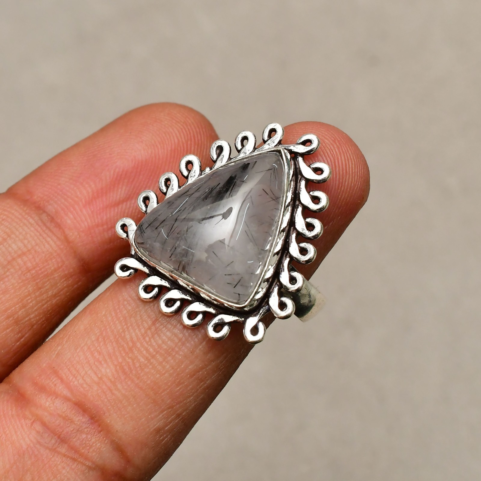 Black Rutile Gemstone Handmade 925 Sterling Silver Jewelry Ring Size 8.5