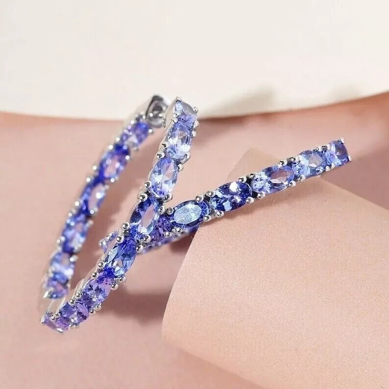 Clip On Earring In 14k White Gold Plated 3Ct Oval Simulated Blue Tanzanite Hoop