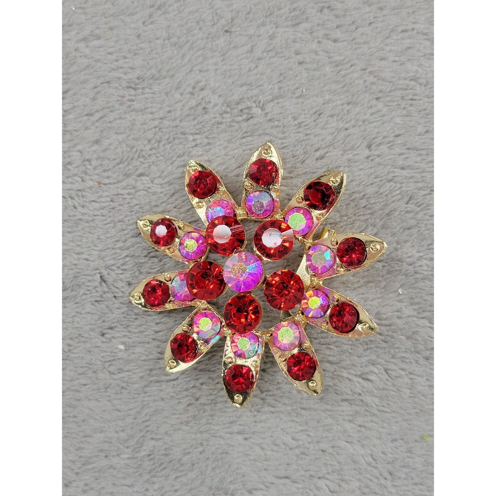 Gold Tone Flower Brooch Rhinestone Red Aurora Borealis Gemstone Pin