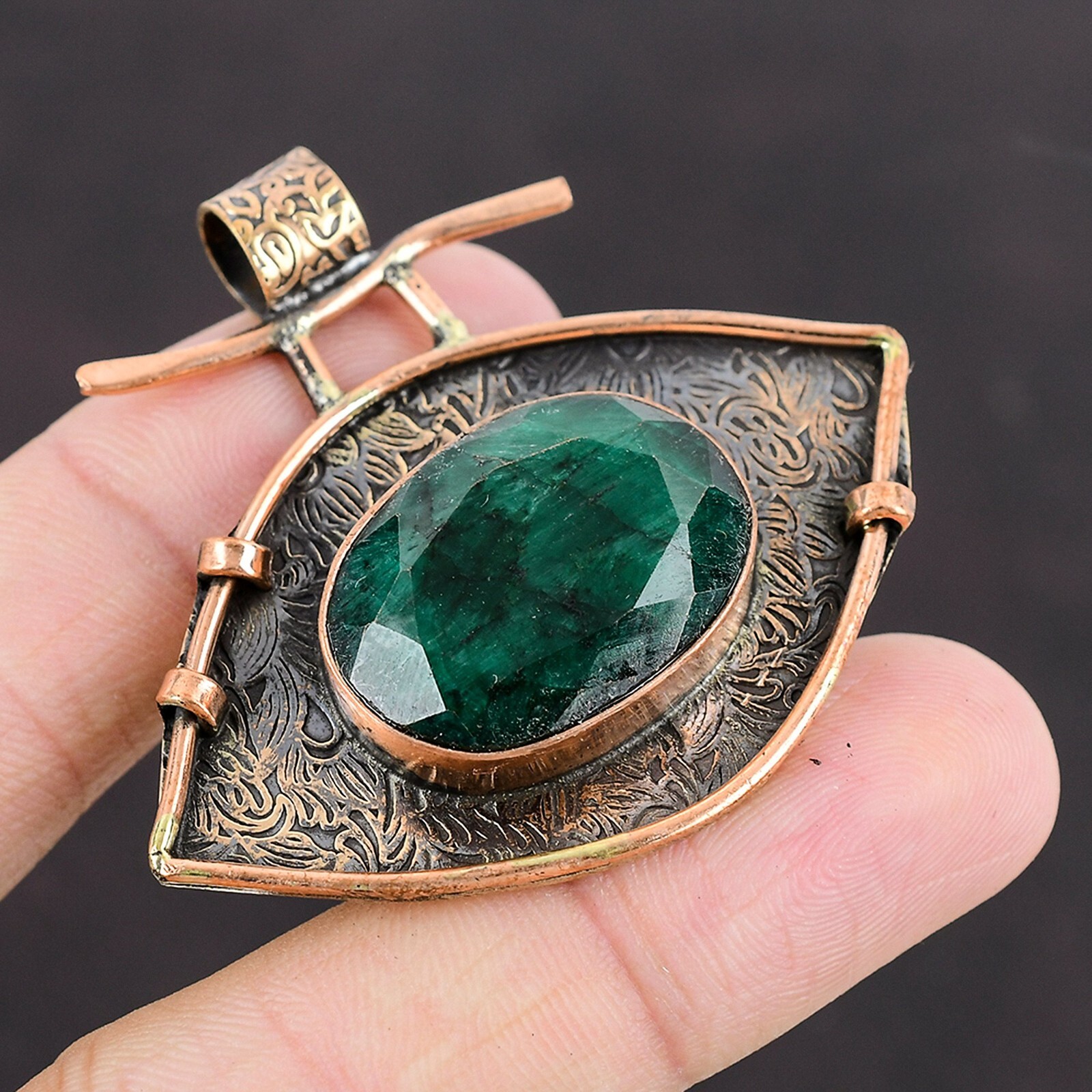 Valentines Deal Zambian Emrald Stone Copper Bezel Anniversary Engagement Pendant