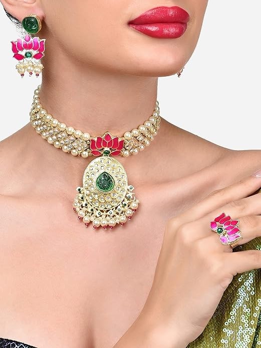 JAYWAR Traditional Kundan Necklace Set Earrings Bridal Wedding Ethnic Jewelry