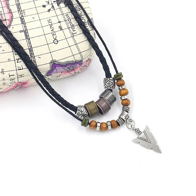 Layered Leather & Beaded Necklace – Vintage Tribal Arrow Pendant for Men