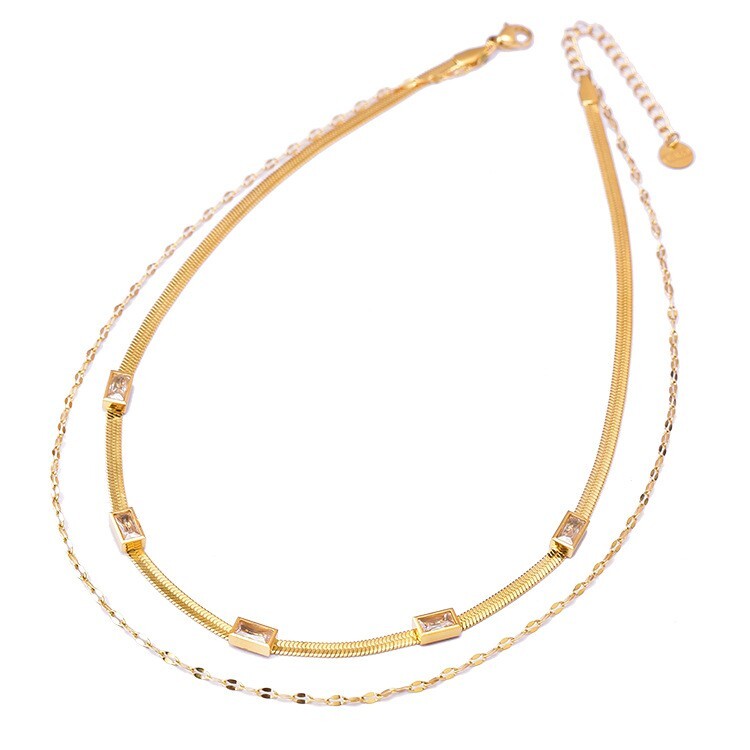 Vintage 18kgp Cubic Zircon Rectangular Double Layered Necklace