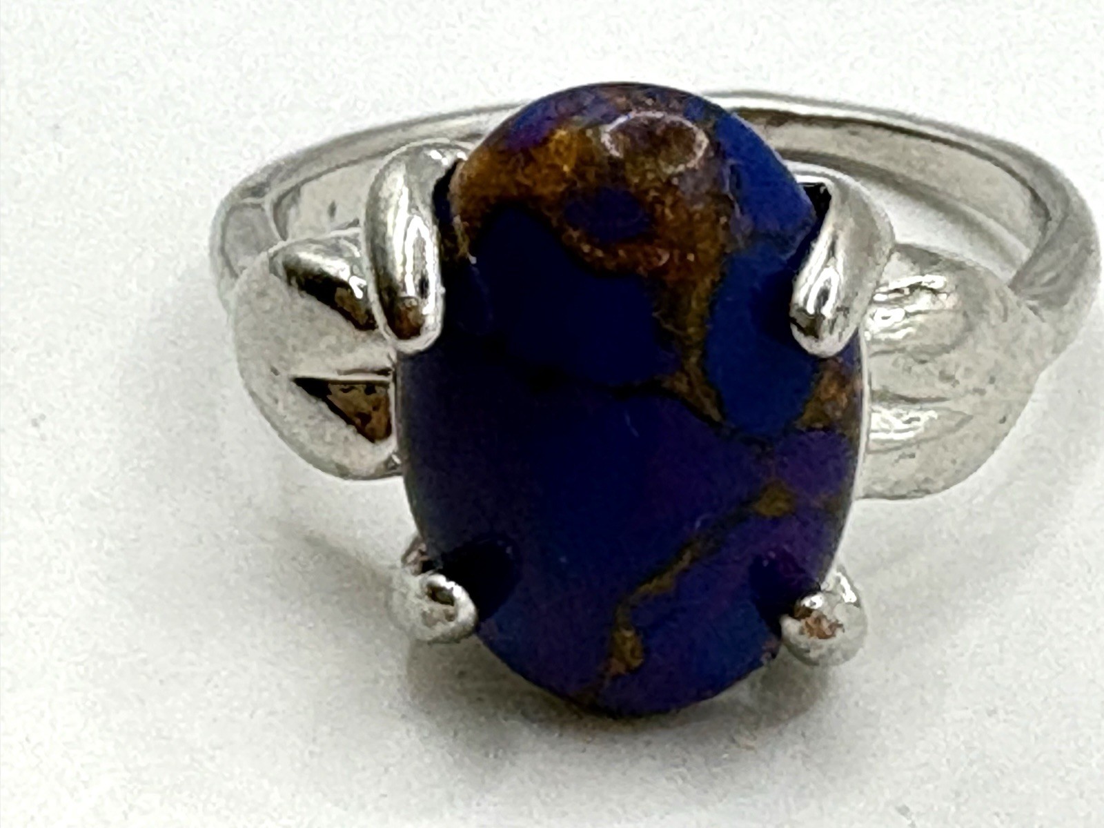 Silver Tone Size 9 Blue & Brown Marbled Cabochon Ring