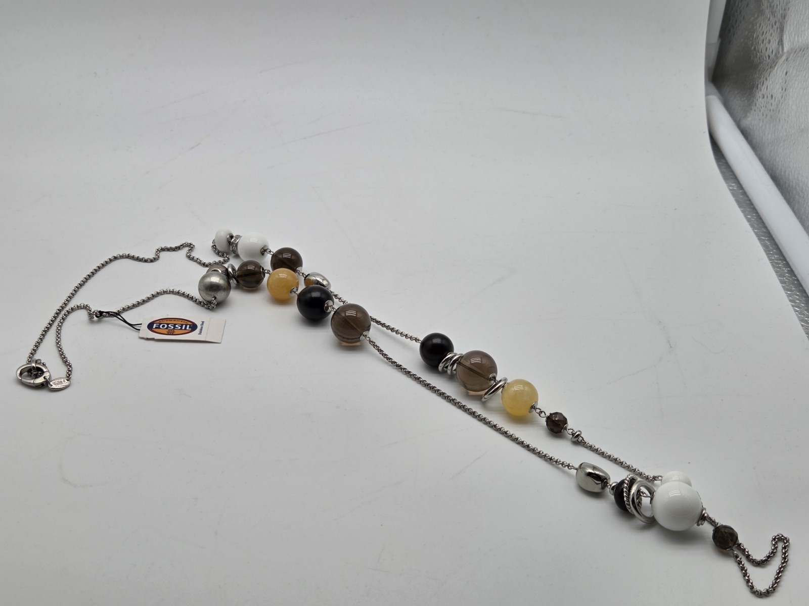Fossil Long Silver Tone Beaded Necklace White Black Brown Yellow Statement NWT
