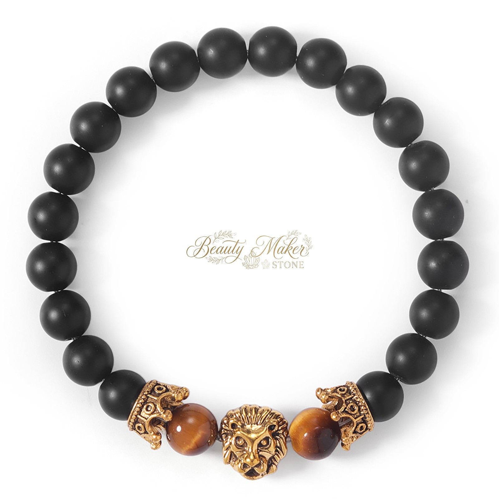 Lion Charm Bracelet Tiger Eye Bead Wristband Wisdom Strength Jewelry Gift Him