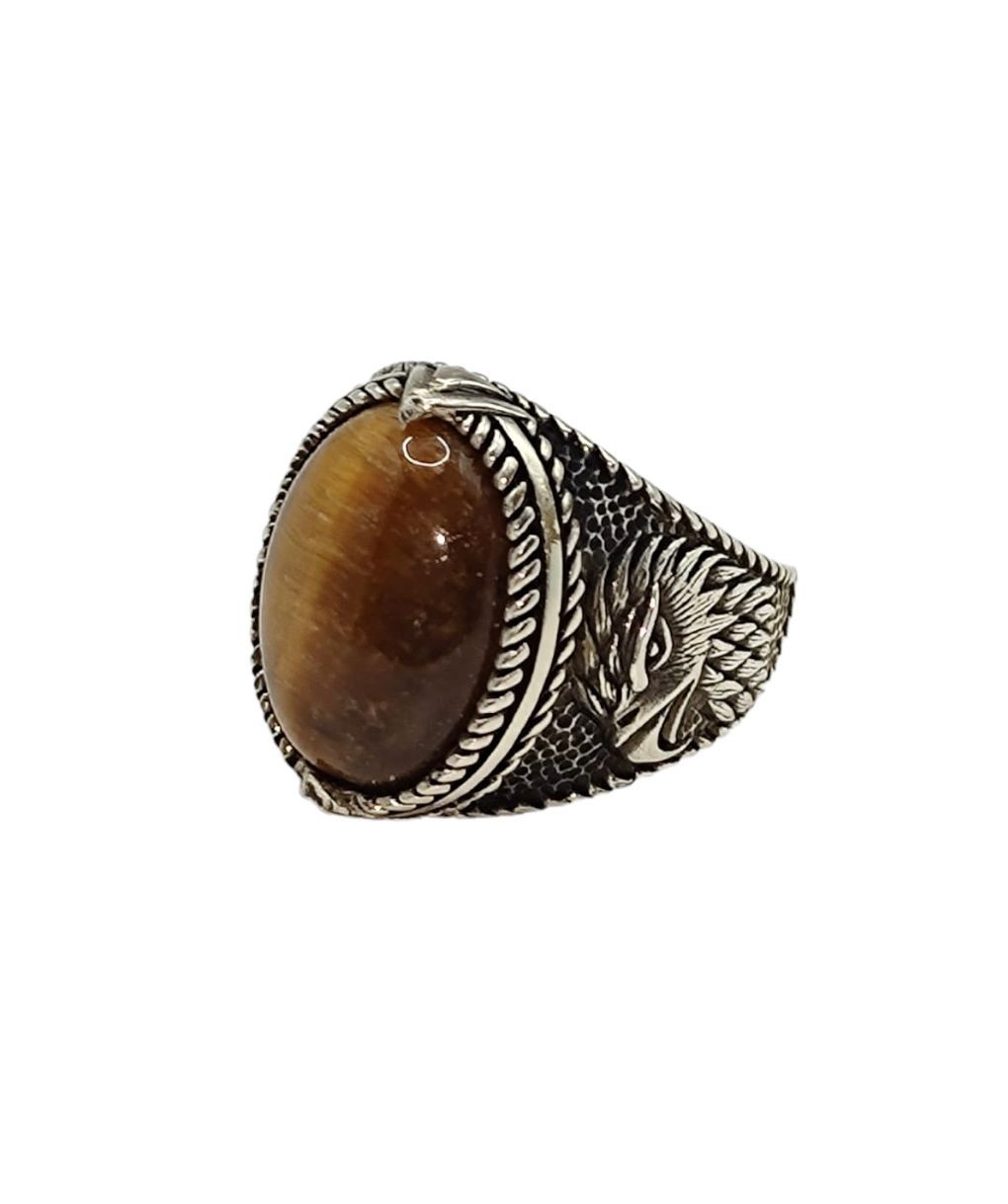 Natural Tiger’s Eye Stone, Eagle-Themed, 925 Sterling Silver Men’s Ring/sa8