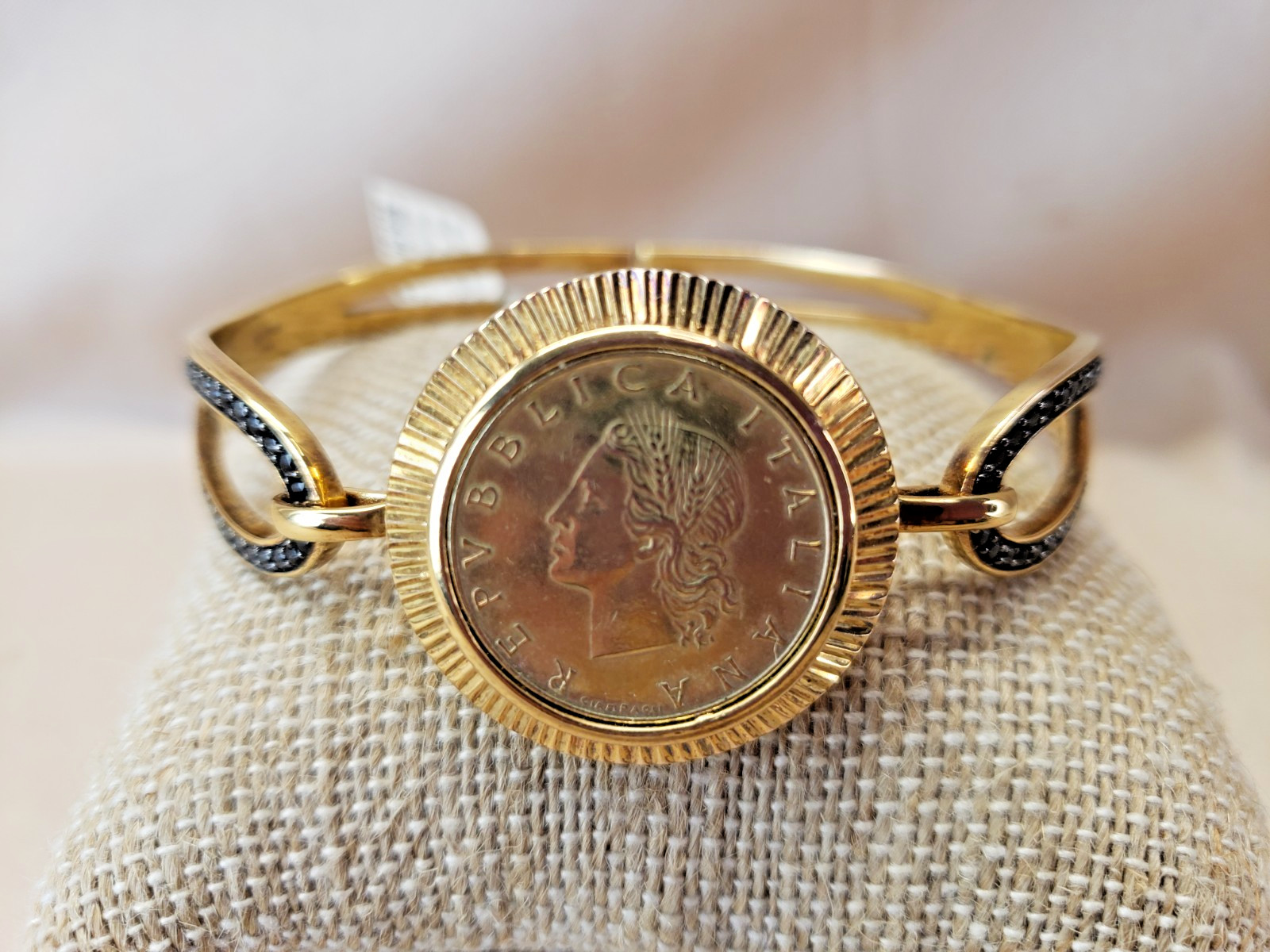 Bellezza Italy Coin Bangle Bracelet Bronze with Black CZ 20 Lira with Tag
