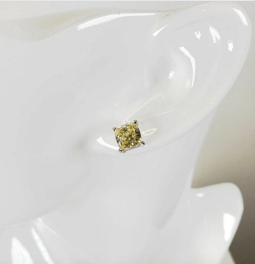 3 Ct Studs Diamond Earrings Cushion Fancy Canary Yellow Man Made 14k Solid Gold
