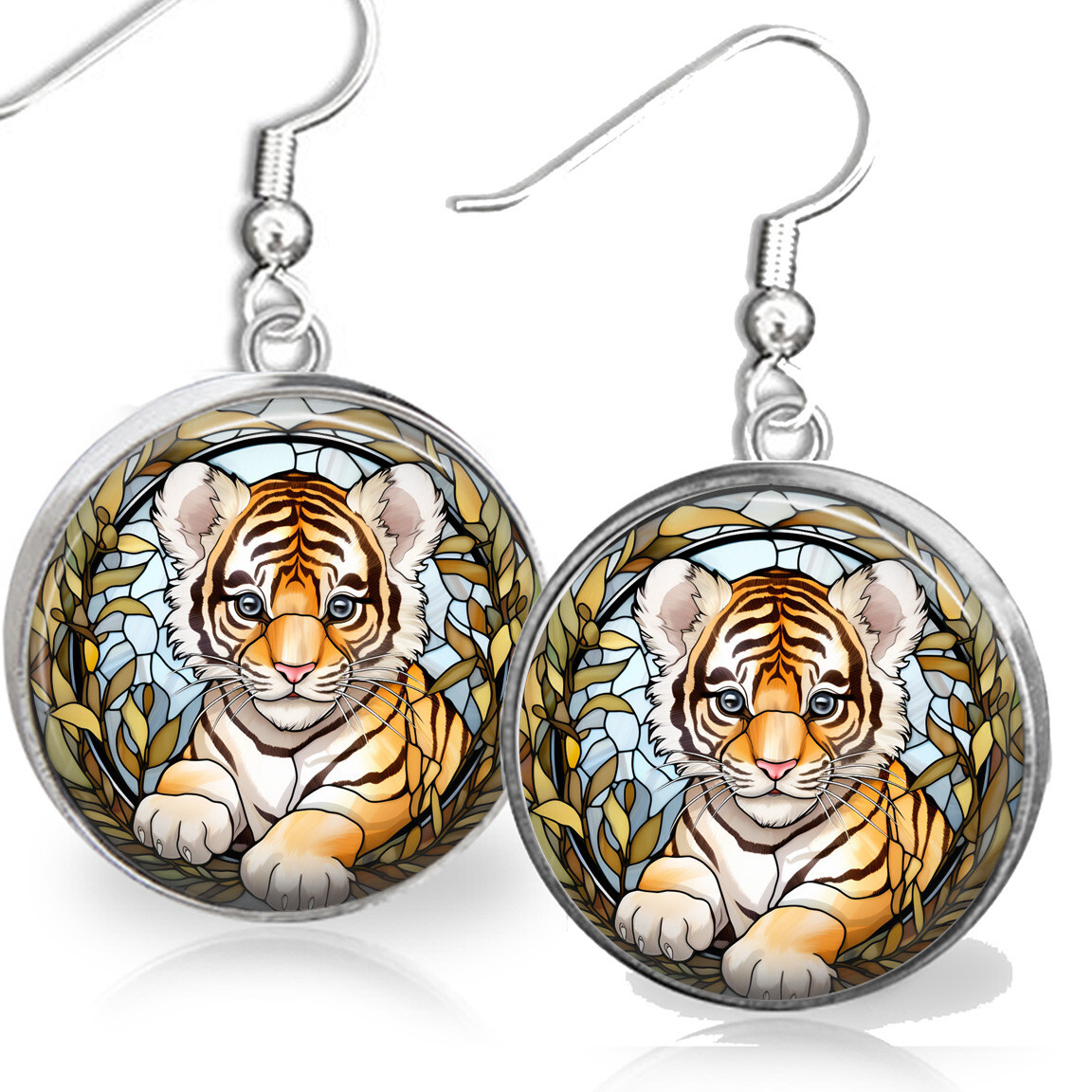 Little Tiger Cub Faux Stained Glass Art Print Sterling Earrings Big Cat Gift