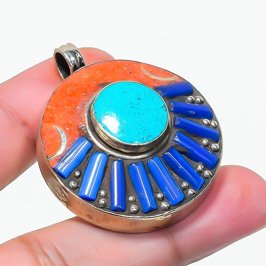 Turquoise Coral Lapis Lazuli Pendant Bahamas Tibetan Nepali Jewelry 1.7″ NP 2463