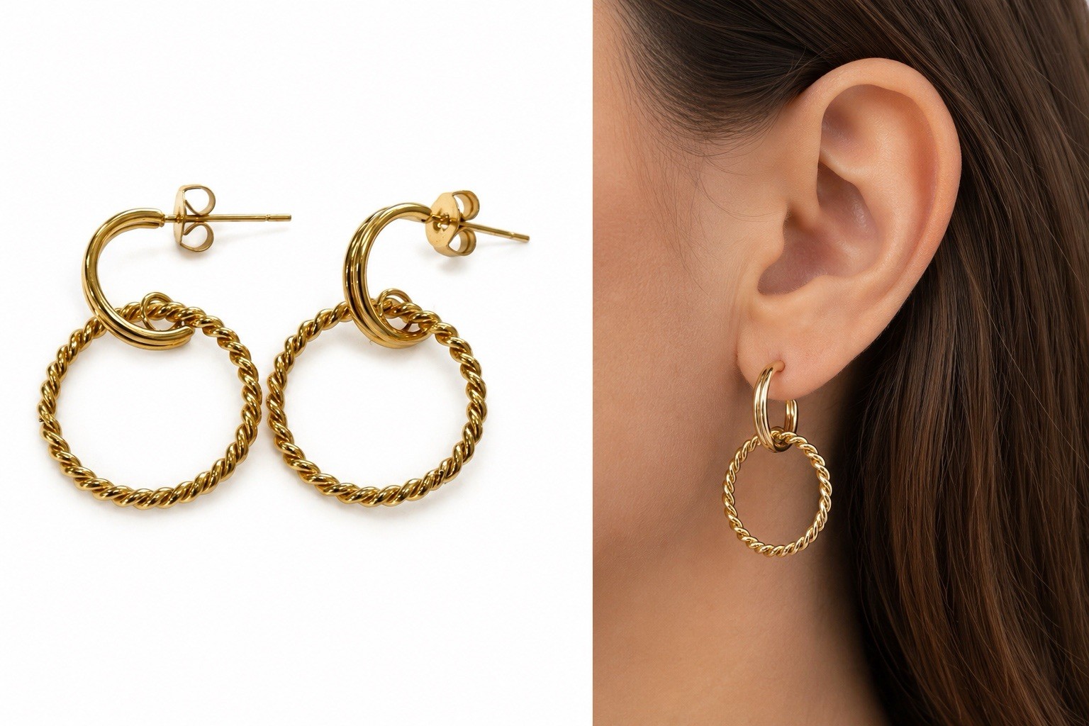 Gold Tone Double Hoop Twist Rope Earrings Modern Minimalist Statement Jewelry