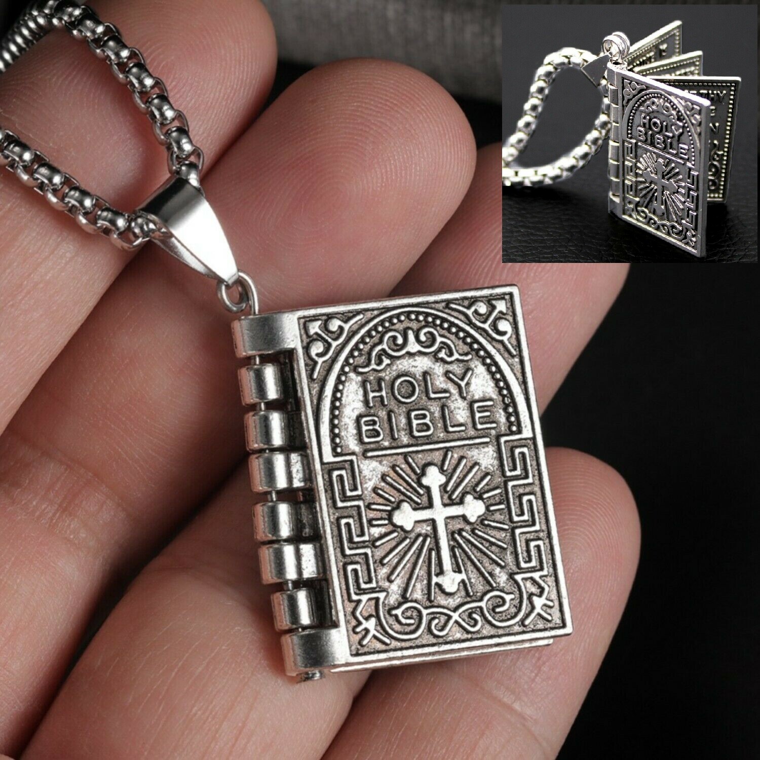 925 Sterling Silver Lord’s Prayer Holy Bible Open Pages Locket Pendant Necklace