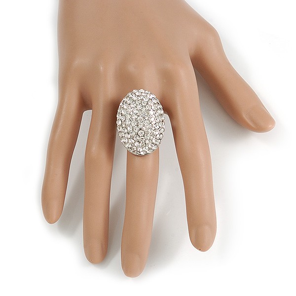 Oval Dome Shape Clear Crystal Ring In Silver Tone Metal – 30mm Long – 7/8 Size