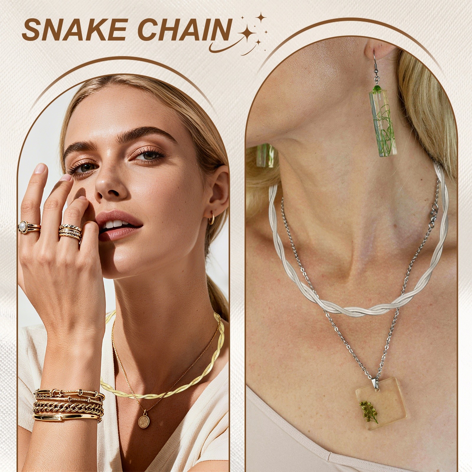 Snake Chain Herringbone Chokers 16″+2″ Layer Braided Chain Silver/Gold