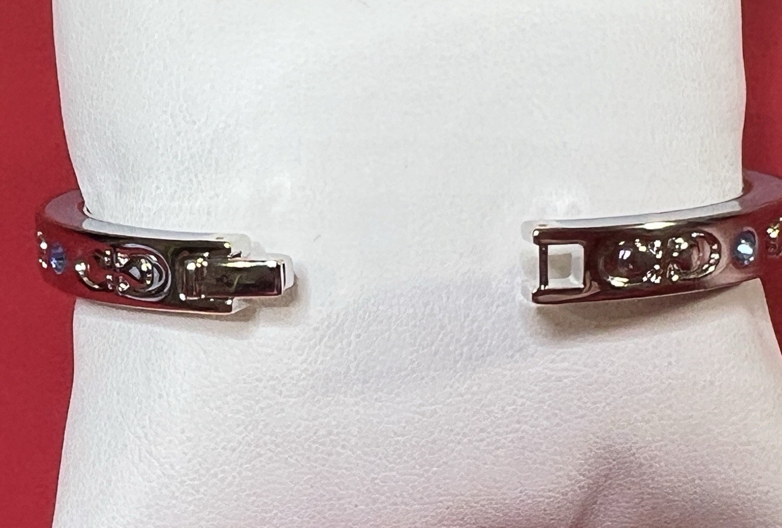 Coach Kissing C Hinged Bangle Bracelet Silver with Pool Crystal Accents – F59083