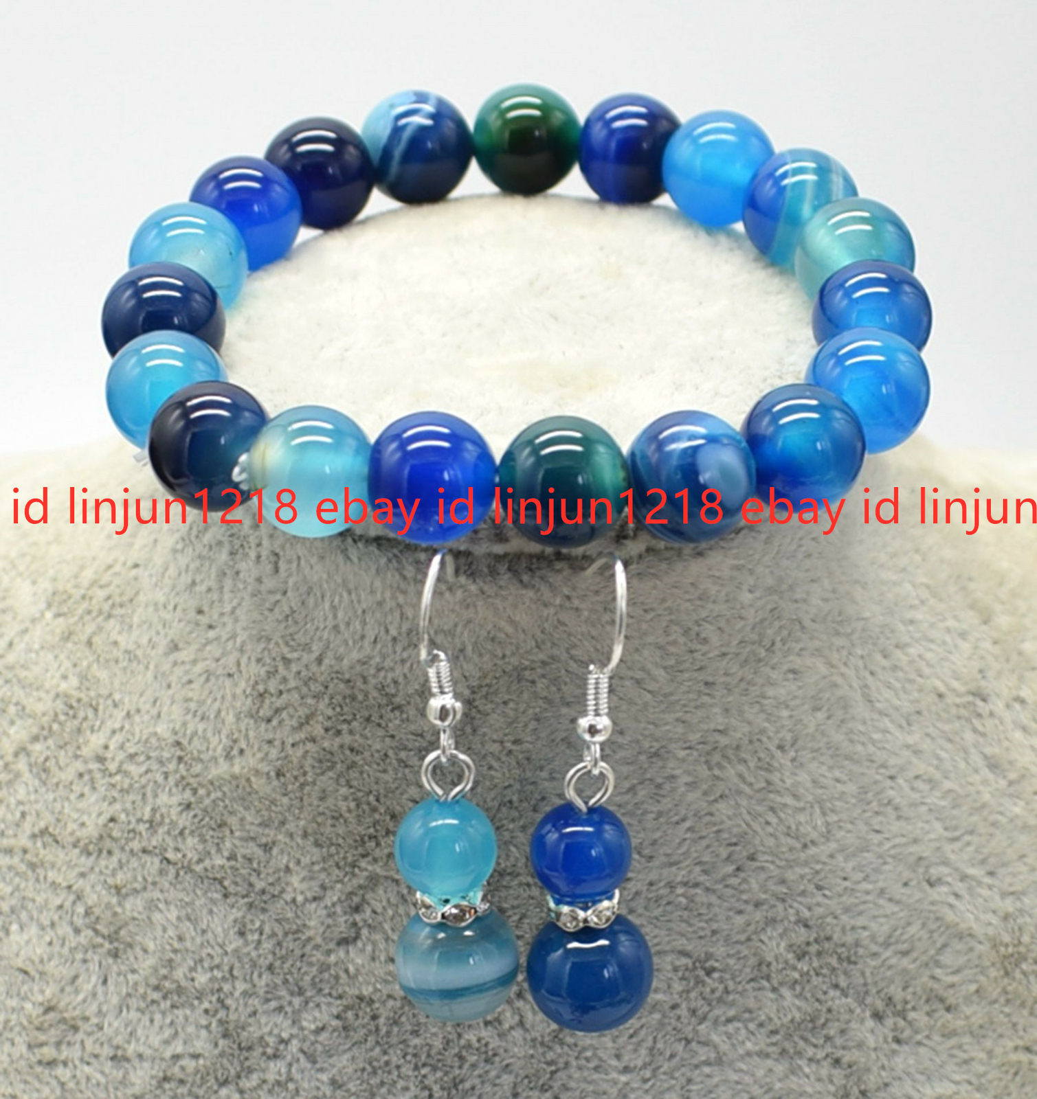 New Fashion 6/8/10/12mm Blue Striped Agate Gemstone Beads Bracelet Earrings 7.5″